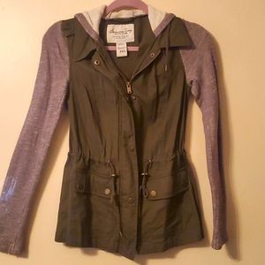 Ladies knit sleeve anorak style hooded jacket